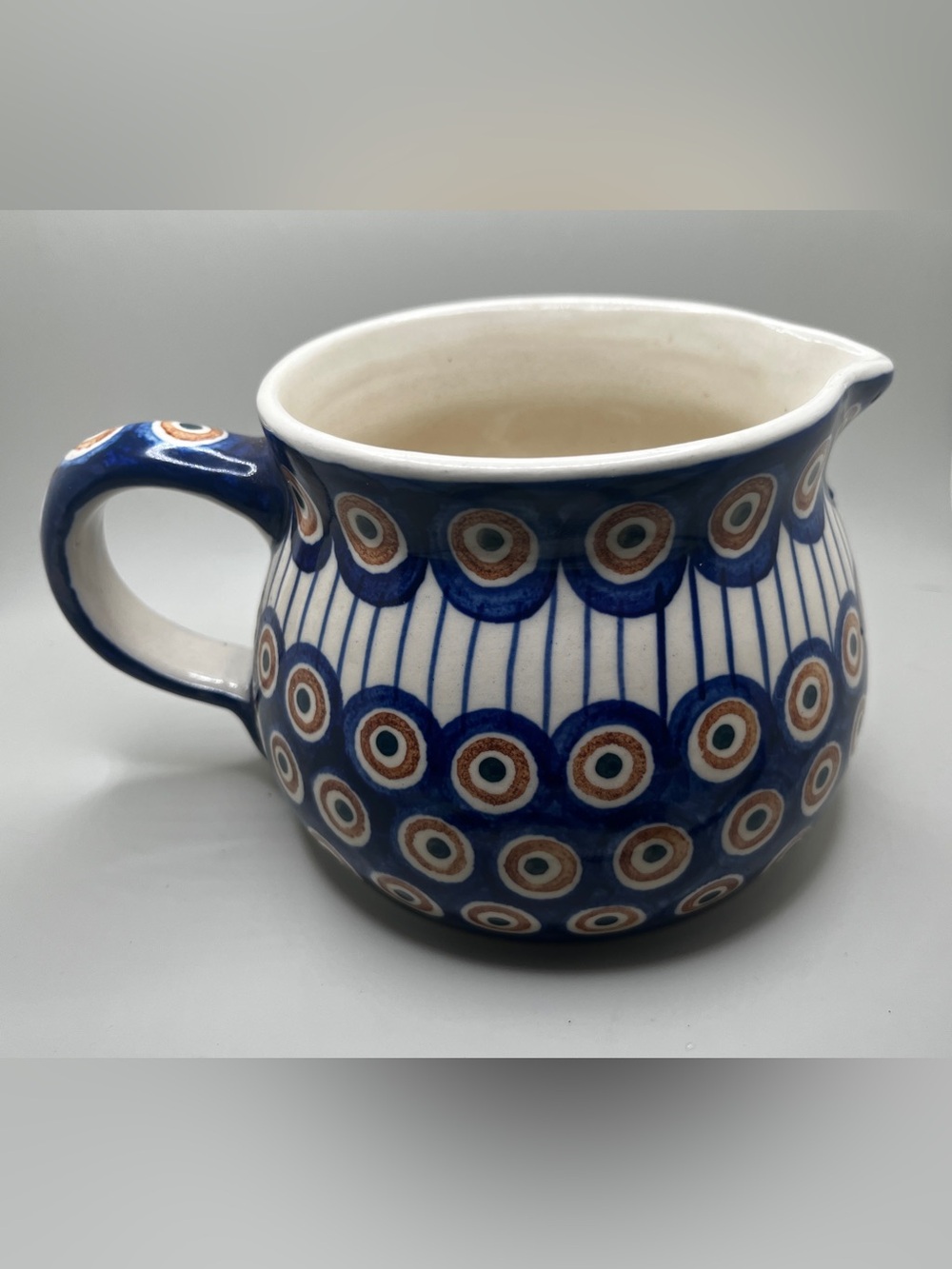 Boleslawiec Polish Pottery Peacock Eye Pattern Short Fat Pitcher Signed